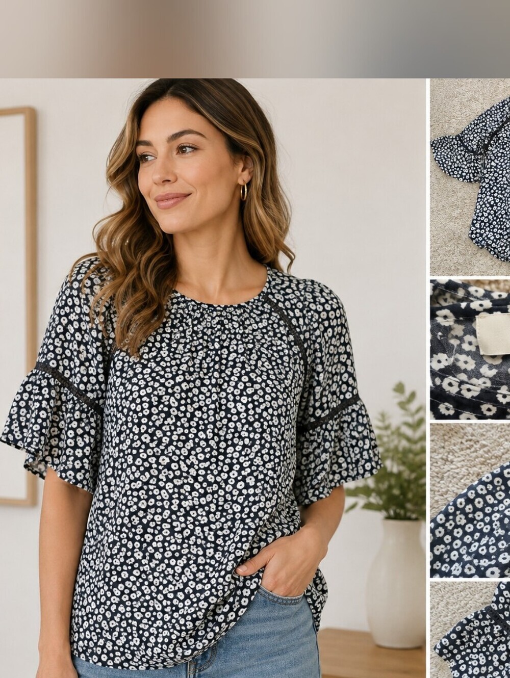 LOFT Black and White Floral Puff Sleeve Top